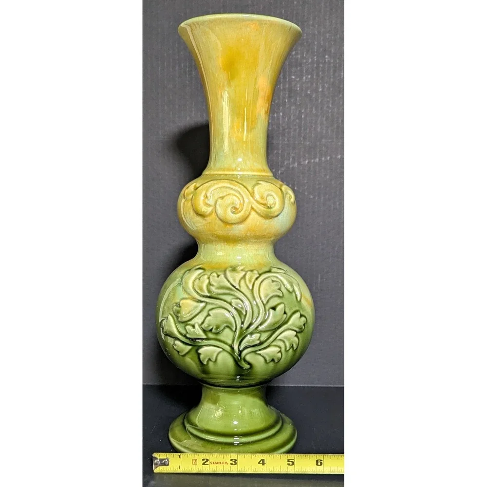 Vtg Haeger Baluster Vase Raised Acanthus Leaves Glossy Yellow & Green Drip Glaze
